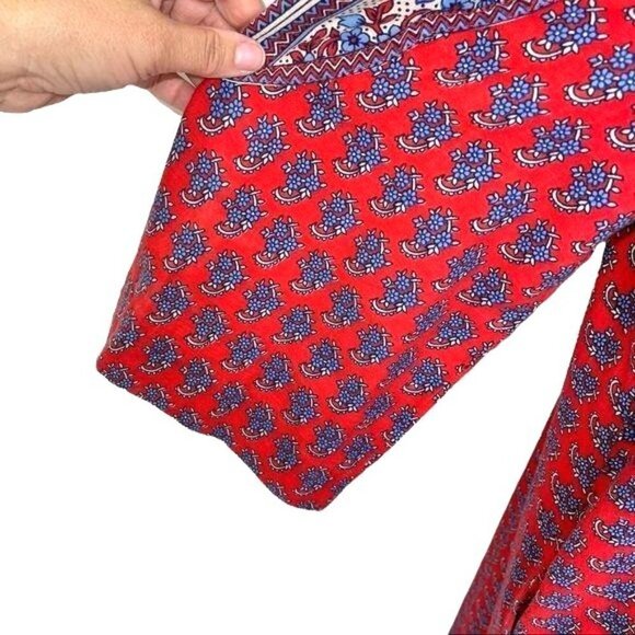 Ramona Rull Maxi Dress Vintage Red Blue Pattern Cotton Pockets Belt Puff Sleeves - Picture 8 of 12